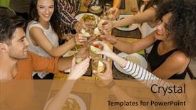  Presentation with restaurant toasting - Slide deck with food latino - group of friends toasting background and a coral colored foreground