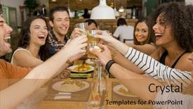  Presentation with restaurant toasting - Cool new PPT layouts with food latino - group of friends toasting backdrop and a coral colored foreground