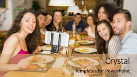  Presentation with multi ethnic group - Presentation design featuring food latino - multi-ethnic group of happy friends background and a  colored foreground