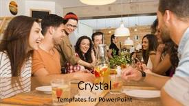  Presentation with multi ethnic group - Audience pleasing slides consisting of food latino - multi-ethnic group of happy friends backdrop and a gold colored foreground