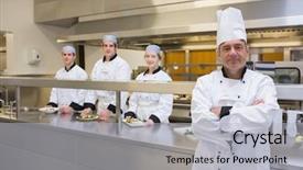  Presentation with chef - Theme enhanced with food line - head chef standing smiling background and a  colored foreground