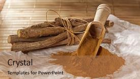  Presentation with wooden - Colorful theme enhanced with food medicine - heap of ground liquorice backdrop and a coral colored foreground