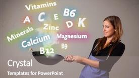  Presentation with food minerals - Presentation design consisting of food medicine - pretty young woman cooking vitamins background and a gray colored foreground
