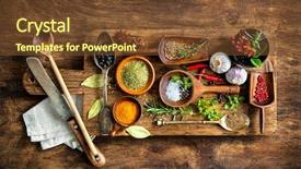  Presentation with spices - Cool new presentation theme with food menu - various colorful spices on wooden backdrop and a tawny brown colored foreground
