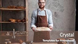  Presentation with baker kneading dough homemade bread - Audience pleasing slide deck consisting of food mess - image of cheerful young man backdrop and a violet colored foreground