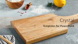  Presentation with empty - Presentation design featuring food-mockup-empty-wooden-board background and a coral colored foreground