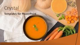  Presentation with culinary - PPT layouts consisting of food new nordic cuisine culinary and cooking concept - close up of vegetable pumpkin cream soup in bowl and bunch of carrots on stone table background and a coral colored foreground