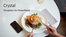  Presentation with fish people - PPT theme with smartphone eating breaded fish background and a light gray colored foreground