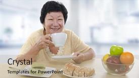  Presentation with senior asian - Amazing PPT layouts having chinese eat - asian senior woman having breakfast backdrop and a coral colored foreground