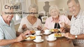  Presentation with group - Presentation design featuring group of senior couples enjoying background and a coral colored foreground