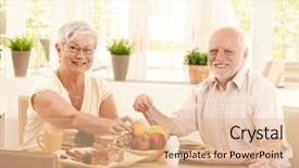  Presentation with elderly prevention - Presentation theme enhanced with have this fruit - happy elderly couple having breakfast background and a coral colored foreground