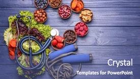  Presentation with healthy food - Theme enhanced with food on blue wooden background background and a ocean colored foreground