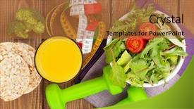  Presentation with tape measure - Colorful theme enhanced with food over wooden table fitness backdrop and a red colored foreground