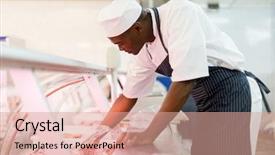  Presentation with butcher - Audience pleasing presentation theme consisting of food packaging - young african american butcher picking backdrop and a coral colored foreground