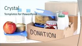  Presentation with food donation - Amazing presentation design having food packinig - donation box isolated on white backdrop and a cool aqua colored foreground