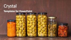  Presentation with dried tomato - Slide set featuring food pantry - jars of olives pesto dried background and a tawny brown colored foreground