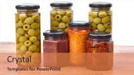  Presentation with pantry - Presentation enhanced with food pantry - jars of olives pesto dried background and a coral colored foreground