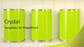  Presentation with metal - Presentation design featuring food pantry - three metal cans background and a yellow colored foreground