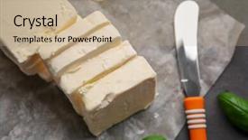  Presentation with butter - Presentation design consisting of food paper with sliced butter and knife on dark table closeup background and a coral colored foreground