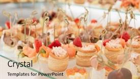  Presentation with banquet - Presentation theme having food party - various meat fish and cheese background and a coral colored foreground