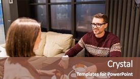  Presentation with paper cups - Presentation theme featuring food people and dating concept - happy couple with coffee in paper cups eating cake or pie for dessert at cafe background and a tawny brown colored foreground