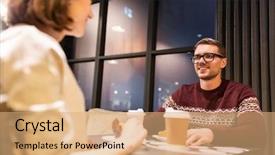  Presentation with paper cups - Presentation theme with food people and dating concept - happy couple with coffee in paper cups eating cake or pie for dessert at cafe background and a coral colored foreground