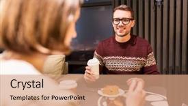  Presentation with paper cups - Slide set enhanced with food people and dating concept - happy couple with coffee in paper cups eating cake or pie for dessert at cafe background and a coral colored foreground