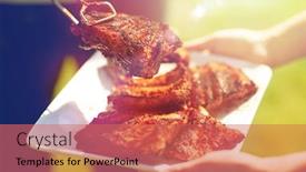  Presentation with summer party - Presentation having food people eating and cooking concept - man with tongs putting barbecue meat on plate at summer party background and a coral colored foreground