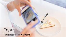  Presentation with food technology - Presentation theme consisting of food people technology and lifestyle concept - close up of woman hands with smartphone taking cake picture at cafe background and a lemonade colored foreground