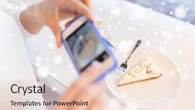  Presentation with food technology - Slide deck with food people technology and lifestyle concept - close up of woman hands with smartphone taking cake picture at cafe over snow effect background and a lemonade colored foreground