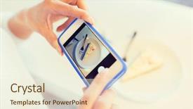  Presentation with food technology - Theme having food people technology and lifestyle concept - close up of woman hands with smartphone taking cake picture at cafe background and a cream colored foreground
