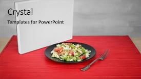  Presentation with food red - Presentation design with food photography concept plate with delicious salad on red wooden board background and a light gray colored foreground