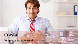  Presentation with food poisoning - Beautiful PPT theme featuring food poisoning - man having meal at work backdrop and a coral colored foreground