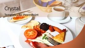  Presentation with cutlery - PPT theme featuring food potluck - meal on plate on table background and a coral colored foreground
