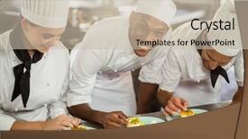  Presentation with drive team - Presentation theme featuring food preparation - chefs team finishing dessert plates background and a soft green colored foreground
