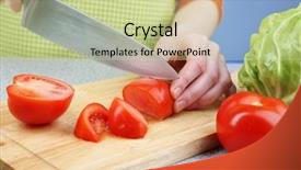  Presentation with cutting board - Beautiful presentation design featuring food preparation - female hands cutting tomato backdrop and a mint green colored foreground