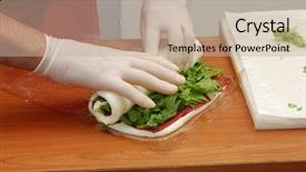  Presentation with hand sanitizer kids - PPT theme consisting of food preparation - hand preparing rolled sandwich wrap background and a mint green colored foreground