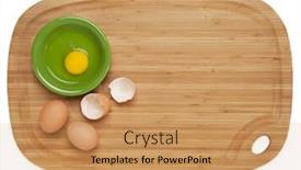  Presentation with food preparation - Cool new slide deck with food preparation concept - broken eggs and ceramic bowl on bamboo cutting board isolated on white backdrop and a coral colored foreground