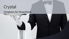  Presentation with waiter - Slides consisting of food presentasion - waiter holding empty silver tray background and a light gray colored foreground