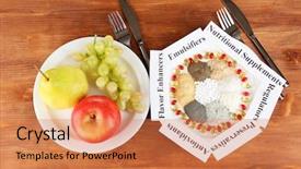  Presentation with supplements - Cool new slides with food preservatives - nutritional supplements on wooden background backdrop and a coral colored foreground