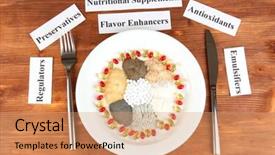  Presentation with supplements - Presentation having food preservatives - nutritional supplements on wooden background background and a coral colored foreground