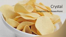  Presentation with food potato chips - Colorful presentation design enhanced with food processed industry - closeup of a bowl backdrop and a yellow colored foreground