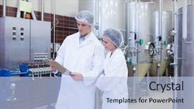  Presentation with processed food - Beautiful PPT layouts featuring food processed industry - scientist speaking to his colleague backdrop and a light blue colored foreground