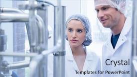  Presentation with colleague farewell - Presentation theme enhanced with food processed industry - smiling scientist with colleague looking background and a light blue colored foreground