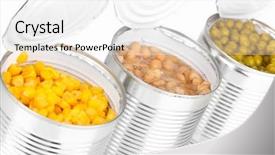  Presentation with cans canned tuna isolated - Audience pleasing presentation theme consisting of food processing - open tin cans of corn backdrop and a white colored foreground