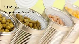  Presentation with food processing - Theme with food processing - open tin cans of peas background and a soft green colored foreground