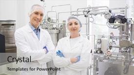  Presentation with food processing - Audience pleasing slide set consisting of food processing - scientists working with large vats backdrop and a light gray colored foreground