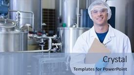  Presentation with food processing factory - PPT layouts having food processing - smiling scientist looking at camera background and a light blue colored foreground
