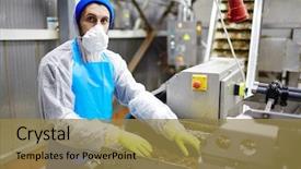  Presentation with processed food - Presentation theme consisting of food production - young man in mask gloves background and a coral colored foreground