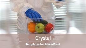  Presentation with plastic container - PPT theme enhanced with food radiation - scientist dressed in protective gear background and a coral colored foreground